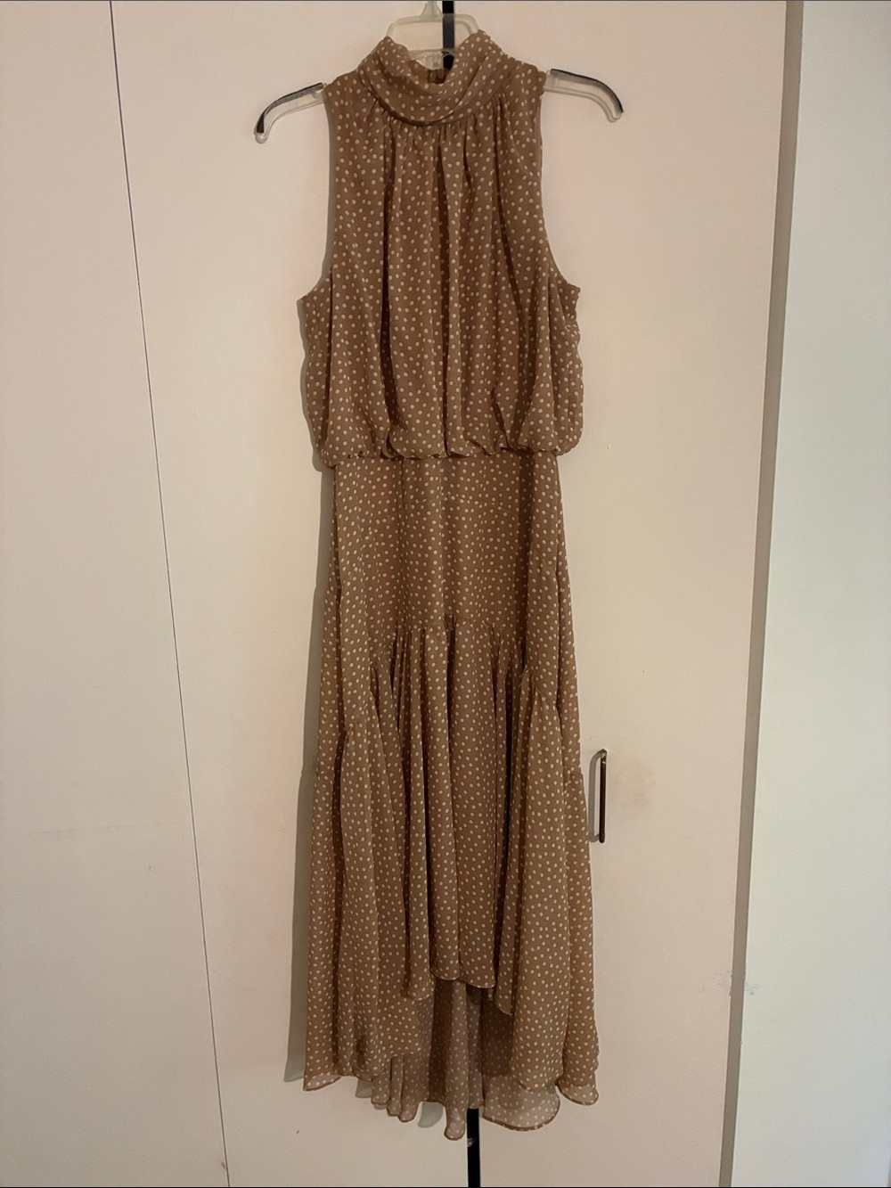 Taylor Taupe Polka Dot Sleeveless High-Low Dress